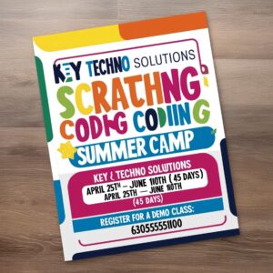 Scratch coding flyer for summer camp by key techno solutions which is starting from april 25th june 10th (45 days) register for a demo class by call6305505100